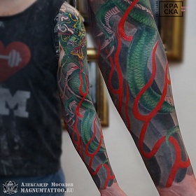 Александр Мосолов, цветная татуировка, ориентал, ориентал тату, японская татуировка, тату япония, тату в японском стиле, тату на руке, японский рукав, дракон тату,  японский рукав