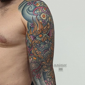 Александр Мосолов, реализм тату, япония тату, цветной реализм, японская татуировка, тату фонарь, фу дог тату, тату на руке
