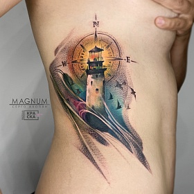 Серго Акопян, реализм тату, realism tattoo, цветной реализм, цветная татуировка, черно белый реализм , реалистичная тату, тату компас, тату маяк, тату на боку