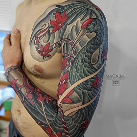 Александр Мосолов, японская тату, тату япония, цветной реализм, журавль татуировка, тату птица, рукав тату, тату на руке