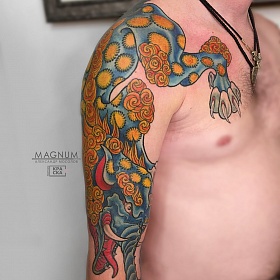 Александр Мосолов, реализм тату, тату демон, цветной реализм, цветная татуировка, тату слон, рукав тату, тату на руке