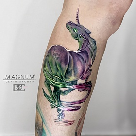 Серго Акопян, реализм тату, realism tattoo, цветной реализм, цветная татуировка, тату портрет, реалистичная тату, тату на ноге, тату единорог