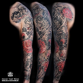 Александр Мосолов, цветная татуировка, ориентал, ориентал тату, японская татуировка, тату япония, тату в японском стиле, тату на руке, японский рукав, дракон тату, тигр тату, японский рукав