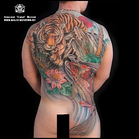 Александр Мосолов, цветная татуировка, ориентал, ориентал тату, японская татуировка, тату япония, тату в японском стиле,  тату на спине, тату молот, тату тигр, японский карп