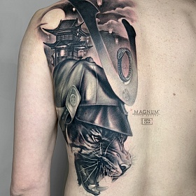 Серго Акопян, реализм тату, realism tattoo, цветной реализм, цветная татуировка, тату портрет, реалистичная тату, тату самурай, тату тигр, тату на спине