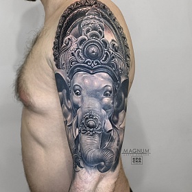 Серго Акопян, реализм тату, realism tattoo, цветной реализм, цветная татуировка, тату портрет, реалистичная тату, тату на руке, тату чб, тату слон, тату ганеша